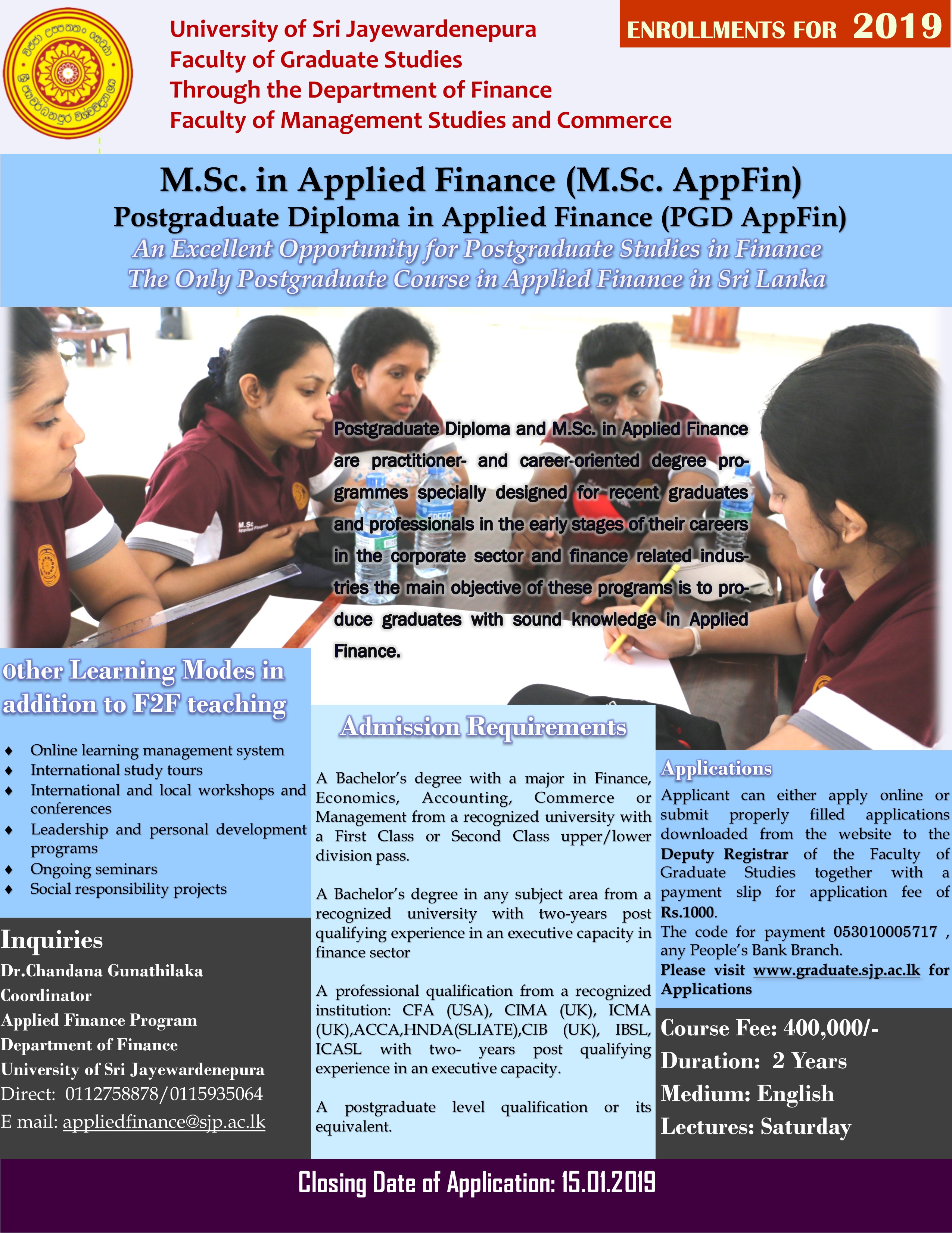 M.Sc. in Applied Finance (M.Sc. AppFin), Postgraduate Diploma in Applied Finance (PGD AppFin) - Faculty of Graduate Studies - University of Sri Jayewardenepura